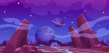 Spaceship on alien planet surface at night