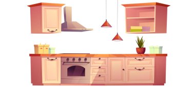 Kitchen interior set with cooking counter, stove