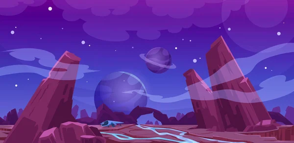 夜のエイリアン惑星表面上の宇宙船 — ストックベクタ