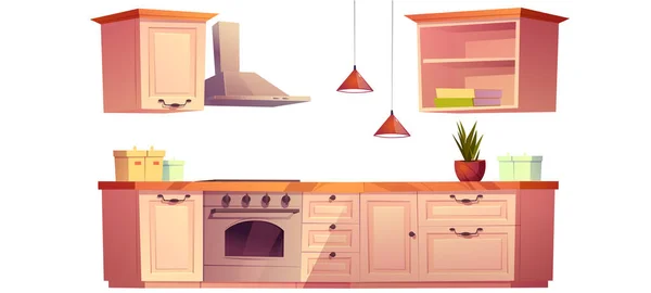 Kitchen interior set with cooking counter, stove — Image vectorielle