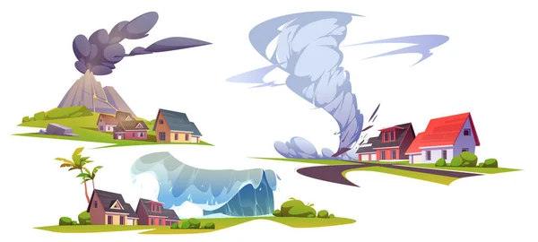 Φυσικές καταστροφές, ηφαίστειο, τσουνάμι και ανεμοστρόβιλος — Διανυσματικό Αρχείο