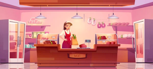 Meat store with woman seller, counter and sausages - Stok Vektor