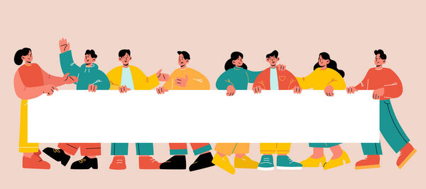 Group of people holding blank banner together