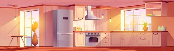 Інтер'єр кухні з обіднім столом, холодильником, плитою — стоковий вектор