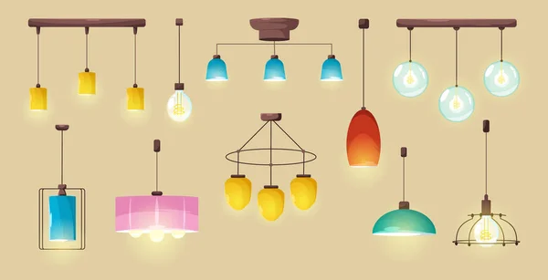 Ceiling lamps, modern glowing electric bulbs set — Stock Vector