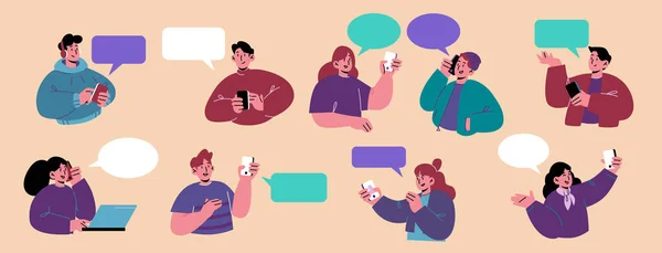 Young people with smartphones and speech bubbles — Wektor stockowy