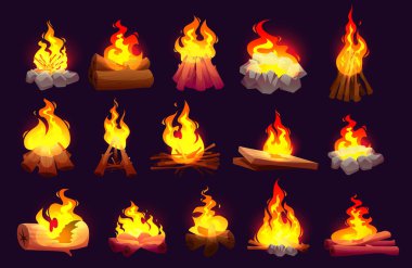Set of burning fire flames, campfire with logs