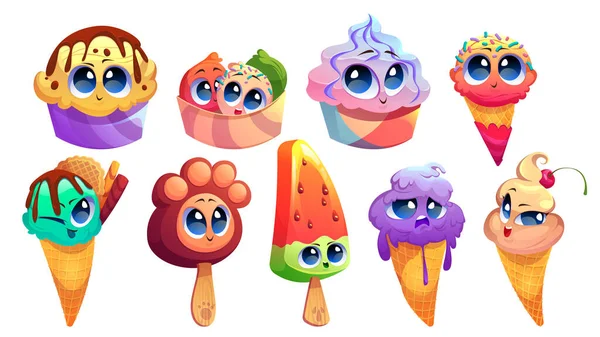 Set of cute ice cream characters funny summer food — 图库矢量图片