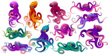Cute color octopuses, sea animals with tentacles