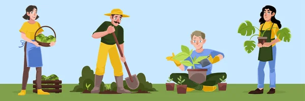 Κηπουρική ή γεωργικές εργασίες. Άνδρες και γυναίκες κηπουροί — Διανυσματικό Αρχείο