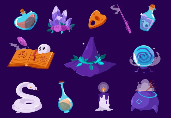 Cartoon magic items, elements, isolated icons set — Stock Vector