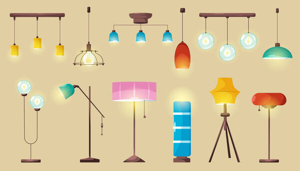 Lamps, ceiling and floor glowing electric bulbs,