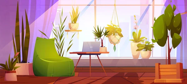 Lieu de travail confortable avec ordinateur portable et plantes vertes — Image vectorielle