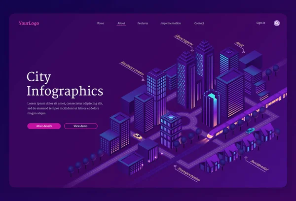 Infográficos da cidade desembarque isométrico, metrópole — Vetor de Stock