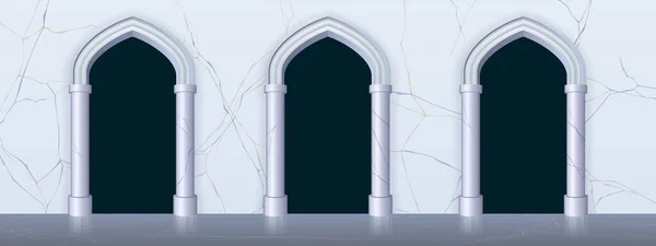 Arches in white marble wall in ancient castle —  Vetores de Stock