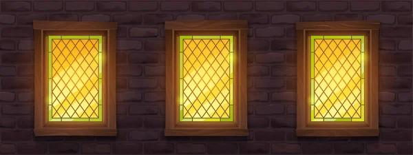 Old brick wall with glow stained windows at night — Stock Vector