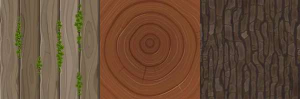 Wooden textures of cut tree trunk, bark and boards — Vetor de Stock