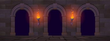 Ancient architecture with arches and torches