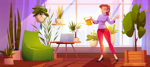 Young woman watering plants at home garden, office — Stock Vector