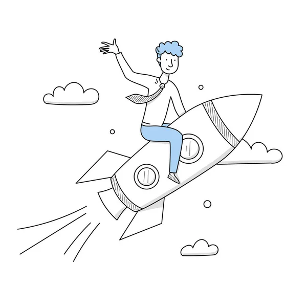 Businessman flying on rocket in sky, career boost — Stock Vector