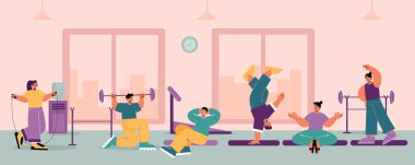 Spor egzersizleri yapan insanların olduğu bir spor salonu.
