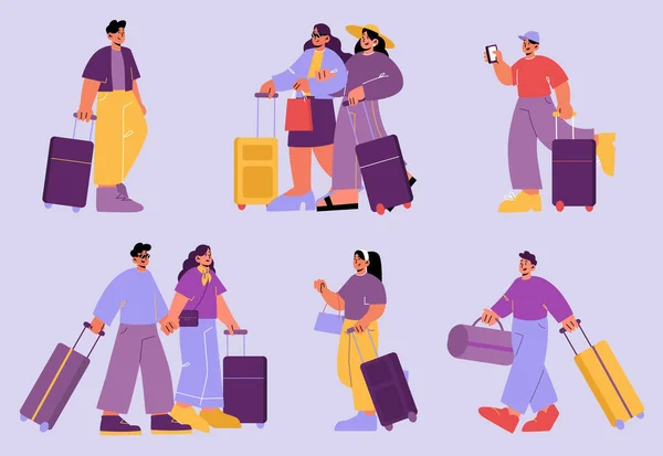 I turisti viaggiano con valigie e borsa — Vettoriale Stock