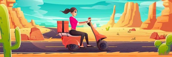 Молода жінка їде скутер, дівчина водій подорожує — стоковий вектор