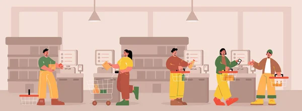 La gente utiliza el pago de autoservicio en el supermercado — Vector de stock