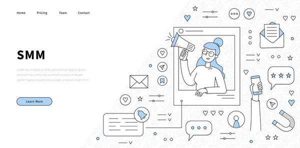 SMM social, medios de comunicación, línea de marketing arte landing page — Archivo Imágenes Vectoriales