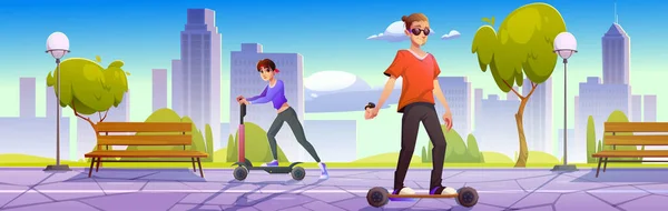 Personnes sur scooter électrique et planche à roulettes dans le parc — Image vectorielle