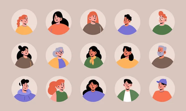 Zet mensen avatars, jonge en oude personages gezichten — Stockvector