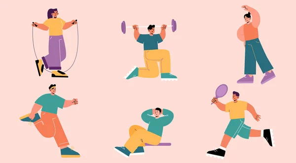 Les gens font de l'exercice, les sportifs personnages dans le jeu de gym — Image vectorielle