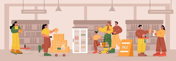 Pessoas no supermercado ou no mercado de mercearias —  Vetores de Stock