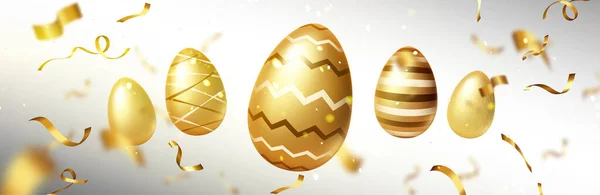Χαρούμενο Πάσχα αφίσα με χρυσά αυγά και κορδέλες — Διανυσματικό Αρχείο