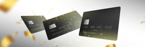 Cartões de crédito de plástico preto e fitas de ouro —  Vetores de Stock