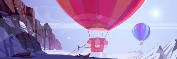 Horkovzdušné balóny létají nad vrcholky hor, let — Stockový vektor