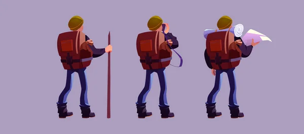Escursionista con zaino posteriore vista viaggiatore cartone animato uomo — Vettoriale Stock