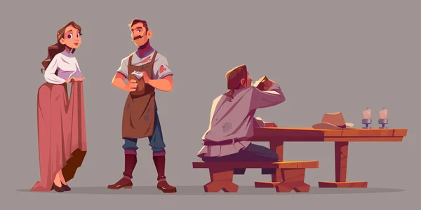Mensen in de oude taverne, serveerster, barman, klant — Stockvector