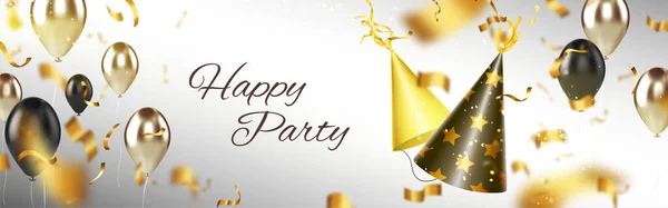 Banner de festa feliz com chapéus de aniversário, balões —  Vetores de Stock