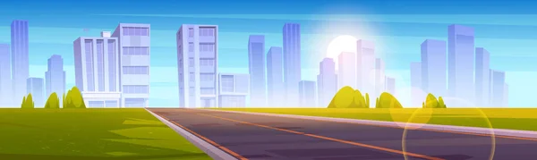 Autoroute, route vide vers la ville avec des tours de gratte-ciel — Image vectorielle