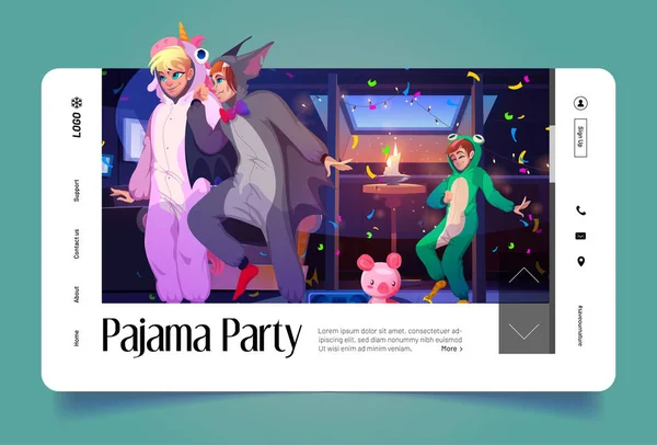 Pyjama-Party-Banner mit Menschen im Kigurumi — Stockvektor