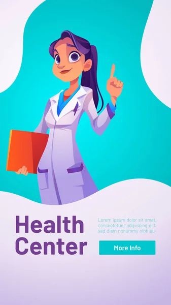 Cartel del centro de salud con doctora — Archivo Imágenes Vectoriales