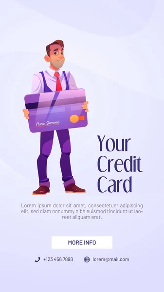 Credit card poster with man holding plastic card — Stock Vector