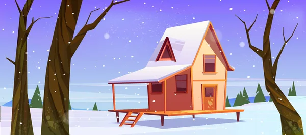 Dorfhaus auf einem Hügel mit Schnee im Winter — Stockvektor