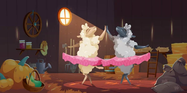 Sheeps in tutu dancing ballet in barn on farm