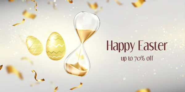 Ευτυχισμένο Πάσχα πώληση πανό με χρυσά αυγά, ψαμμίτη — Διανυσματικό Αρχείο