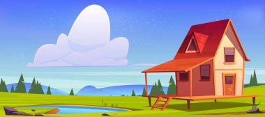 Tepedeki gölet ve yeşil çimenli köy evi.