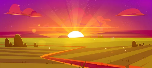 Krajobraz wiejski z polami uprawnymi o zachodzie słońca — Wektor stockowy