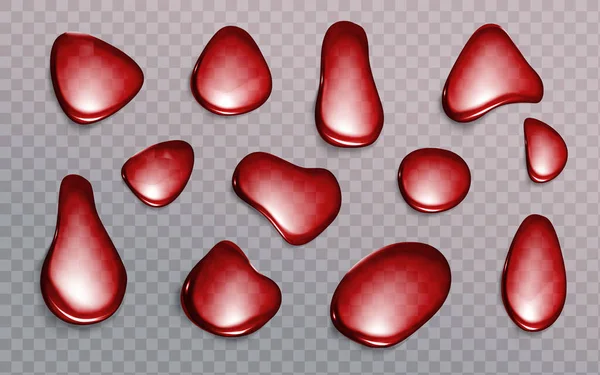 Rode druppels op transparante achtergrond, bloed, sap — Stockvector