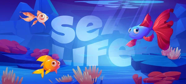 Sea life cartoni animati banner con simpatici pesci tropicali — Vettoriale Stock
